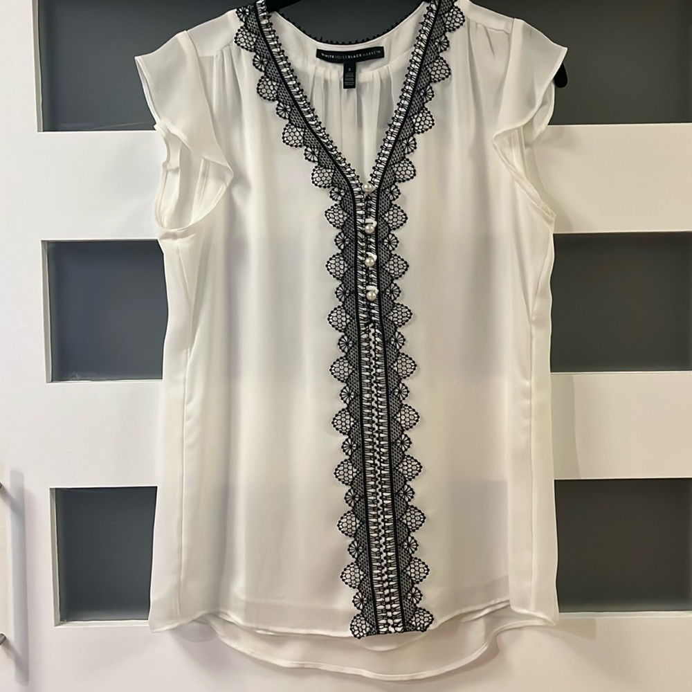 White House Black Market Lace and Pearl Top